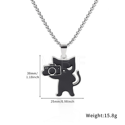 201 Stainless Steel Enamel Black Cat Shape with Camera Pendant Necklaces FS-WG449EB-03-1