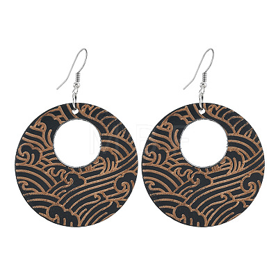 Flat Round Wood Dangle Earrings FS-WGF3184-01-1