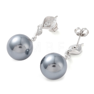 Shell Pearl Round Dangle Stud Earrings with Cubic Zirconia EJEW-Z024-06P-1