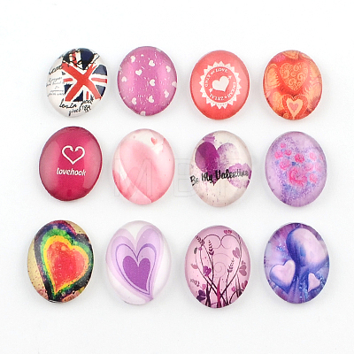 Heart Pattern Glass Oval Flatback Cabochons for DIY Projects GGLA-R022-45x35-79-1