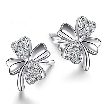 Real Platinum Plated Brass Four Leaf Clover Stud Earrings EJEW-EE0001-231-1