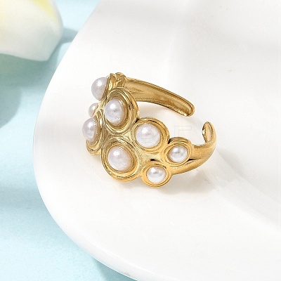 304 Stainless Steel with Imitation Pearl Cuff Open Rings for Women RJEW-Z144-01G-01-1