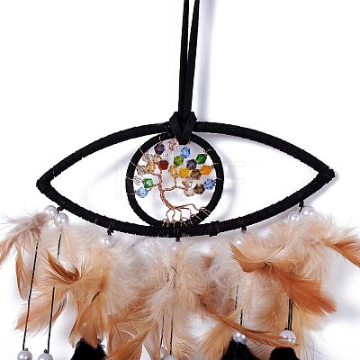 Handmade Eye & Tree of Life Woven Net/Web with Feather Wall Hanging Decoration HJEW-K035-02-1