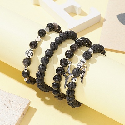 4Pcs 4 Style Natural Silver Obsidian & Lava Rock Stretch Bracelets Set BJEW-JB09480-1