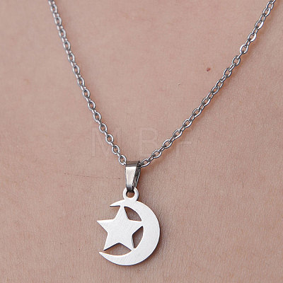 201 Stainless Steel Moon with Star Pendant Necklace NJEW-OY001-31-1