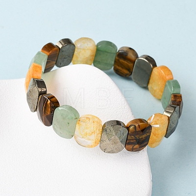 Oval Natural Pyrite & Green Aventurine & Tiger Eye & Quartz Crystal Beads Stretch Bracelets for Unisex BJEW-Z149-05B-1