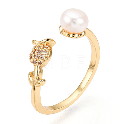 Natural Pearl Open Cuff  Ring Micro Pave Clear Cubic Zirconia PEAR-N022-C07-1