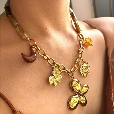 316L Surgical Stainless Steel & Resin Flower Moon Sun Pendant Bib Necklaces for Women WG4E0E9-01-1