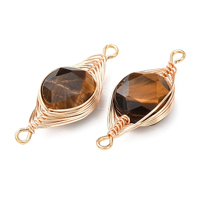 Natural Tiger Eye Faceted Hexagonal Cut Flat Round Links Connector Charms with Copper Herringbone Wire-Wrapped KK-Z152-07G-05-1