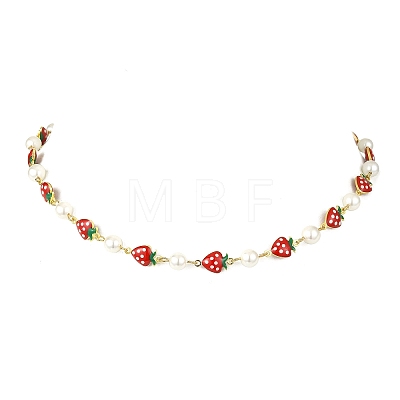Brass Enamel Red Strawberry Link Chain Necklaces for Women NJEW-JN06121-1