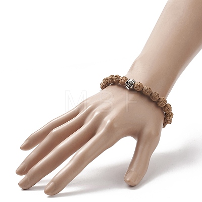 Natural Rudraksha Wood & Alloy Beaded Stretch Bracelet for Women BJEW-JB09145-1