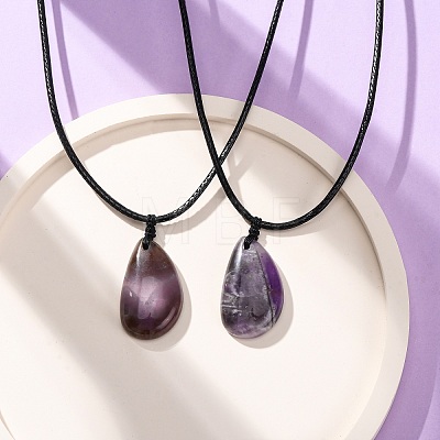 Natural & Synthetic Mixed Gemstone Teardrop Pendant Black Waxed Cord Adjustable Necklaces NJEW-G169-01-1
