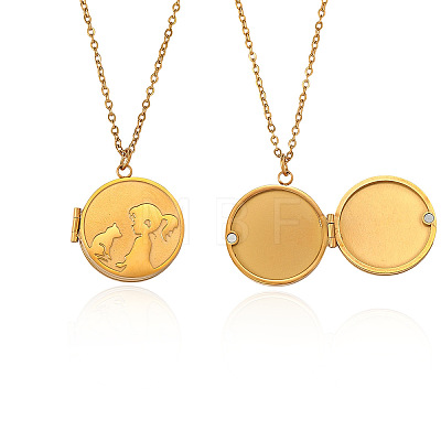 304 Stainless Steel Girl with Cat Coin Magnetic Photo Locket Pendant Necklaces for Women WGB0125-01-1