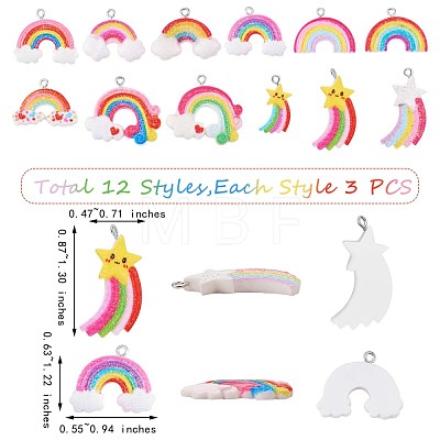 36 Pieces 12 Styles Glitter Powder Rainbow Pendants JX250A-1