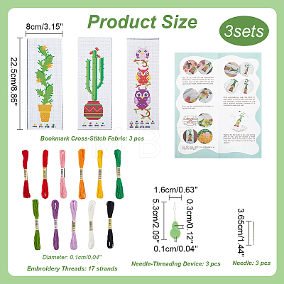 3 Sets 3 Style DIY Oval & Cactus Pattern Bookmark Cross-Stitch Kit DIY-NB0008-96-1