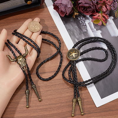 2Pcs 2 Styles Adjustable Vintage PU Leather Bolo Tie NJEW-GF0001-10AB-1