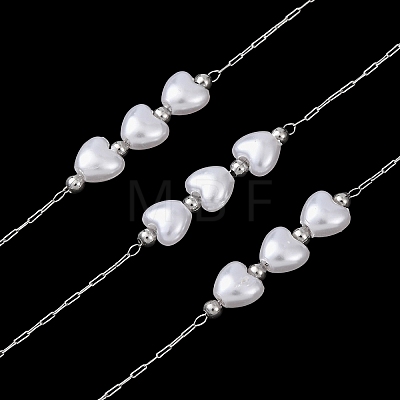 304 Stainless Steel Round Bead & ABS Plastic Pearl Heart Bead Cable Chains CHS-G048-07P-1
