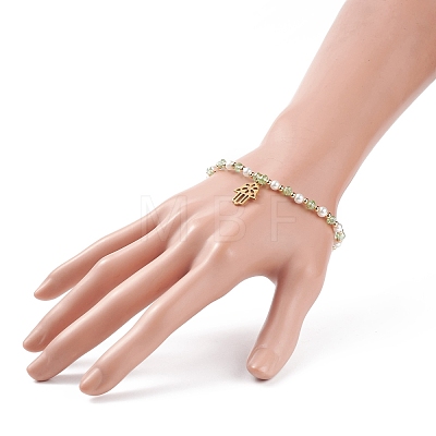 Glass Pearl Beaded Stretch Bracelet with 304 Stainless Steel Hamsa Hand Charm for Women BJEW-JB08522-1