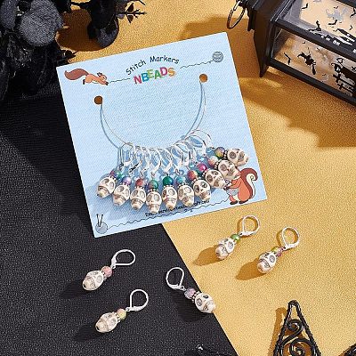 15Pcs 15 Color Synthetic Magnesite Skull & Acrylic Beaded Charm Locking Stitch Marker HJEW-PH01539-1