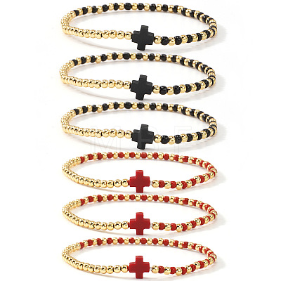 6Pcs Brass Round Beads Stretch Bracelets TI2646-3-1