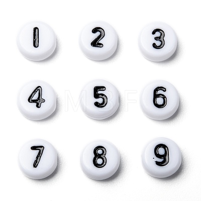 Mix Numbers White Flat Round Acrylic Beads X-PB9111-1