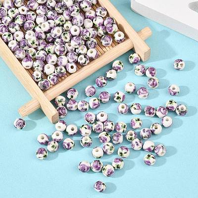 Floral Printed Porcelain Beads PORC-Q199-6mm-01-1