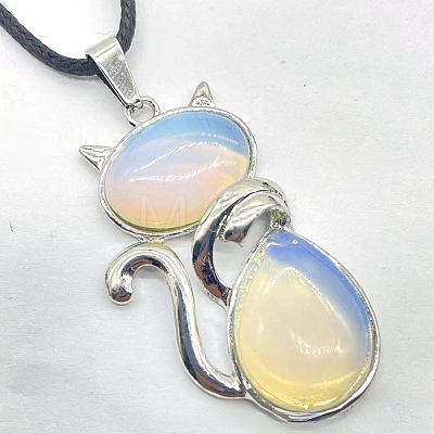 Opalite Alloy Cat Shape Pendant Necklaces KJ2639-10-1