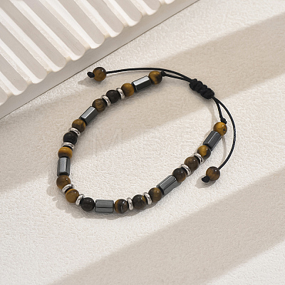 Elegant Adjustable Natural Tiger Eye & Non-magnetic Synthetic Hematite Braided Bead Bracelets EI1197-4-1