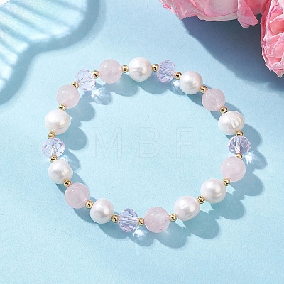 Natural Rose Quartz & Cultured Freshwater Pearl Beads Stretch Bracelets BJEW-JB12856-02-1