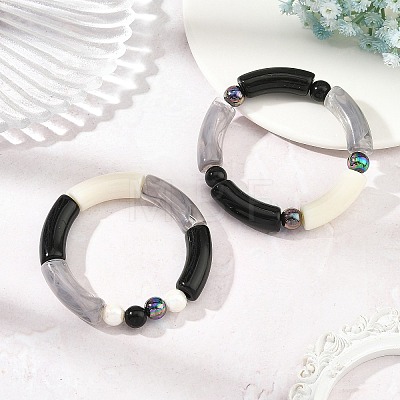 2Pcs 2 Styles Opaque Acrylic Tube Beaded Stretch Bracelet Sets BJEW-JB14453-1