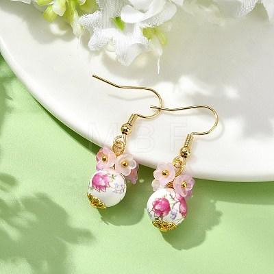 Handmade Flower Printed Porcelain Ceramic Dangle Earrings EJEW-JE07288-1