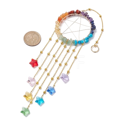7 Chakra Wire Wrapped Gemstone Chip Ring with Star Pendant Decorations HJEW-ST00001-1