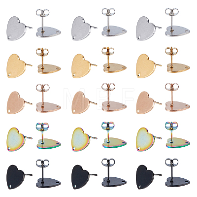 Unicraftale 30Pcs 5 Colors Heart Shape Vacuum Plating 304 Stainless Steel Stud Earring Findings EJEW-UN0001-63-1