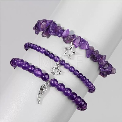 3Pcs Alloy & Natural Amethyst Beads Charm Bracelets DY7954-1-1