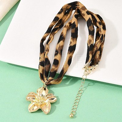 Alloy Flower Pendant 2-Strand Leopard Print Polyester Cord Necklaces for Women NJEW-A066-05G-1