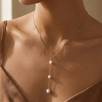 Adjustable Triple Faux Pearl Oval Tassel 304 Stainless Steel Lariat Y Necklaces for Women LS-UT5440-1-1