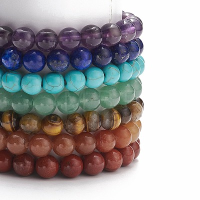 7Pcs 7 Style Natural & Synthetic Mixed Gemstone Stretch Bracelets Set with Alloy Buddha Head Beaded BJEW-JB08783-1