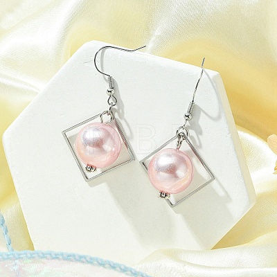 ABS Plastic Imitation Pearl with Rhombus Dangle Earrings EJEW-JE05501-1