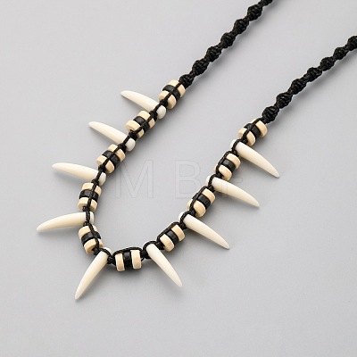 Adjustable Wood Beads Resin Fang Braided Wazed Cord Tribal Necklaces WGF0609-01-1