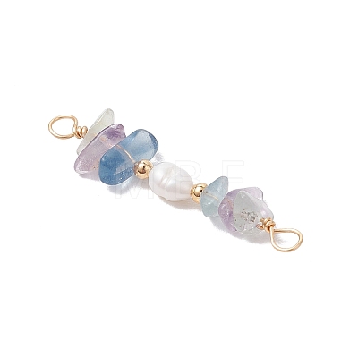Natural Fluorite Chip & Natural Cultured Freshwater Pearl Rice Beaded Connector Charms PALLOY-JF03707-06-1
