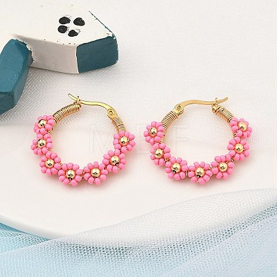 304 Stainless Steel & Bohemian Beaded Flower Hoop Earrings for Women EJEW-R001-02G-03-1