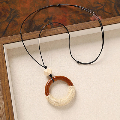 Wood Pendant Black Wax Cord Long Necklaces for Women FS-WG36920-17-1