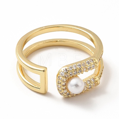 Cubic Zirconia Initial Letter U Open Cuff Ring with Imitation Pearl RJEW-H101-33G-1