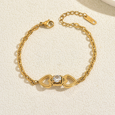 Stainless Steel Heart Link Bracelets with Clear Cubic Zirconia for Women Daily Wear Gift ME3579-1
