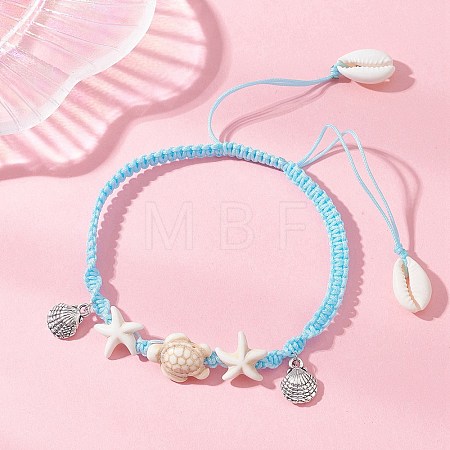 Adjustable Summer Beach Dyed Synthetic Turquoise Starfish Turtle Braided Bead Anklets AJEW-AN00774-1