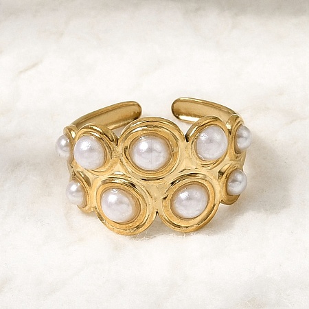 304 Stainless Steel with Imitation Pearl Cuff Open Rings for Women RJEW-Z144-01G-01-1