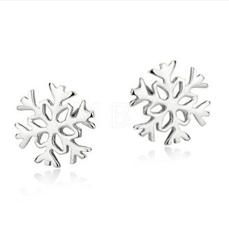 Real Platinum Plated Brass Snowflake Stud Earrings EJEW-EE0002-001-1