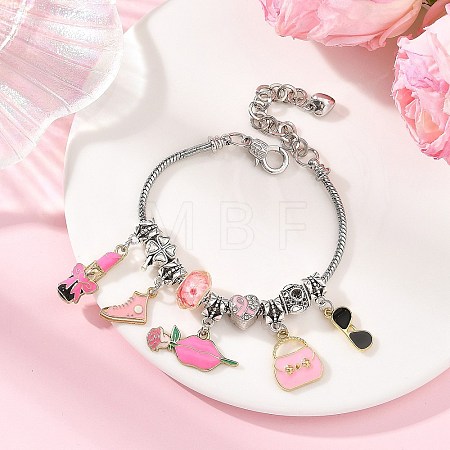Makeup Theme Alloy Enamel Lipstick Handbag Shoe Charm Brass European Bracelets for Women BJEW-JB14237-02-1