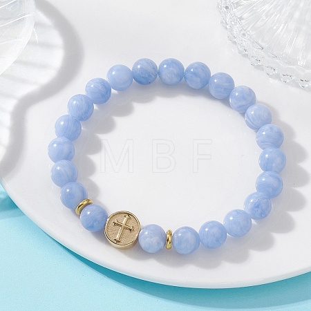 Round Natural Dyed Blue Lace Agate Beads Stretch Bracelets BJEW-JB13666-1