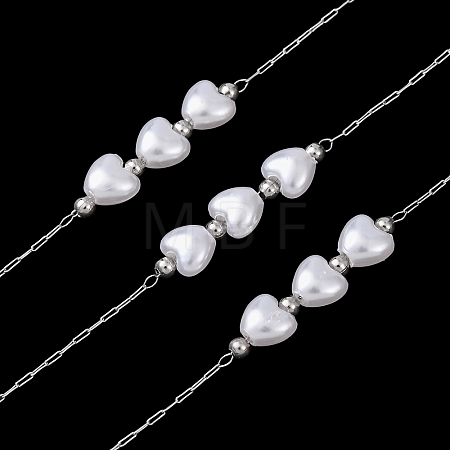 304 Stainless Steel Round Bead & ABS Plastic Pearl Heart Bead Cable Chains CHS-G048-07P-1